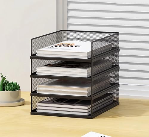 A3 Stackable Paper Letter Tray Organizer, 2/3/4 Tier, Metal Mesh File Folder Organizer for Desk with File Holder for Home Office Supplies, Black,White (A3,Black,Vertical, 4 Tier)