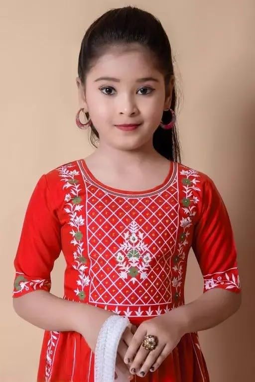 Image of Girls Traditional Embroidered Kurta Palazzo Set, Green and White, Floral Design, Half Sleeves