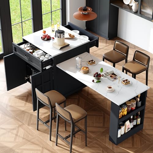 Bladez Isla de cocina con ruedas, mesa de comedor extensible con tapa extraíble, mesa de bar con cajones de almacenamiento y cuatro compartimentos, aparador para cocina y comedor (negro-D)