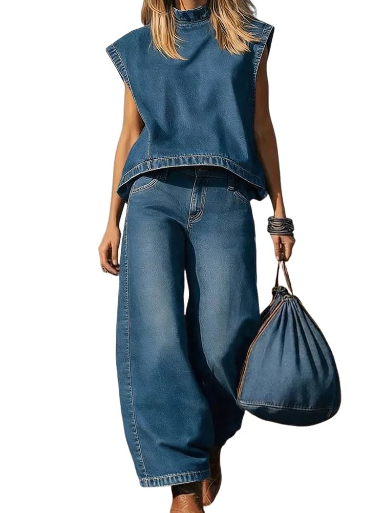 shownicer Completo Donna Elegante Tuta Estivo 2 Pezzi Set Senza Maniche Top E Jeans Pantaloni Curvy Completo Due Pezzi Set Completi Tute