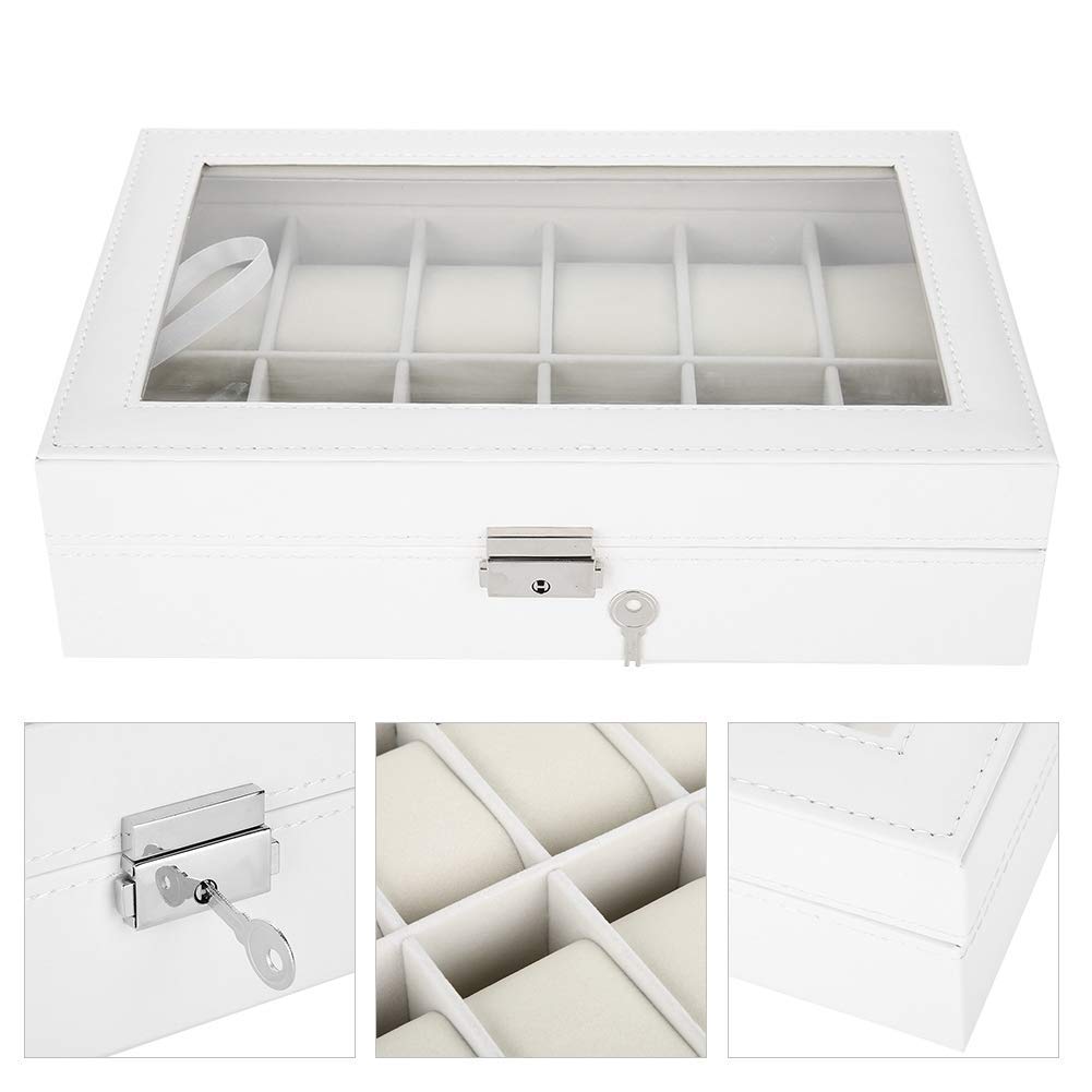 Uhrenbox, Schmuckschatulle, abschließbare Uhrenbox mit Glasdeckel, Uhren-Aufbewahrungsbox mit 12 Fächern für Damen und Herren Present