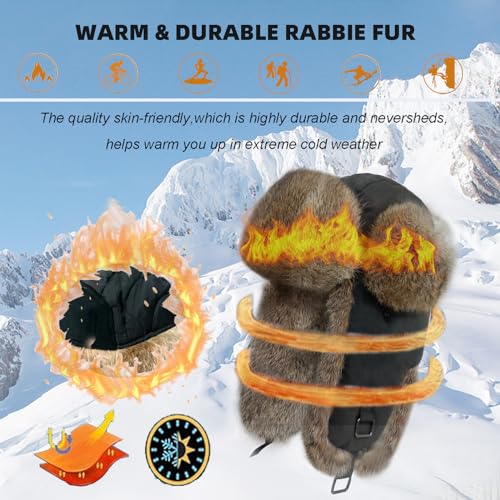 Image of Winter Trapper Hat for Men Women Warm Soft Russian Ushanka Hat Real Rabbit Fur Aviator Bomber Hats Winter Hats with Ear Flaps