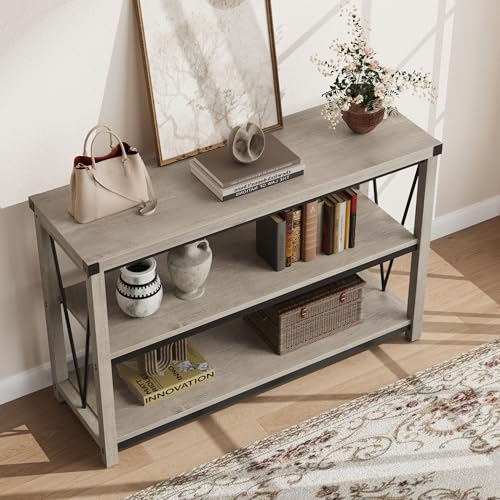 119 cm Narrow Farmhouse Console Table with Storage – 3-Tier Wooden Entryway Table, Long Foyer & Hallway Sofa Back Table for Majlis & Living Room
