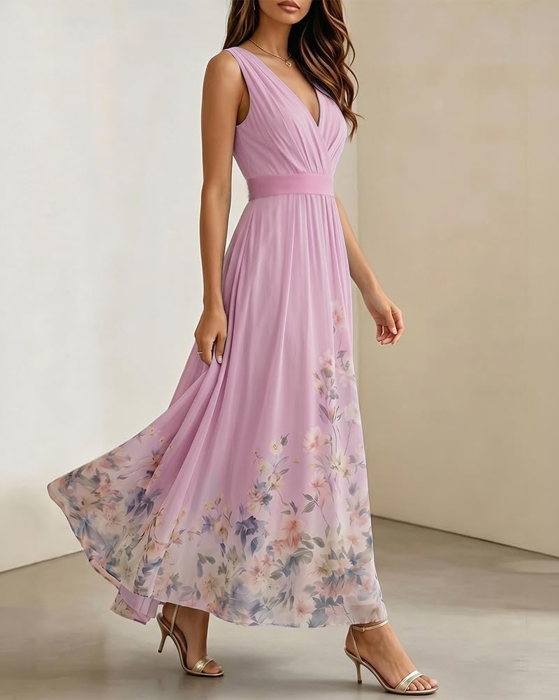 shownicer Vestito Donna Elegante Abito Cerimonia Vestito Lungo Stampa Floreale Senza Maniche Scollo a V Vestiti in Chiffon Estate