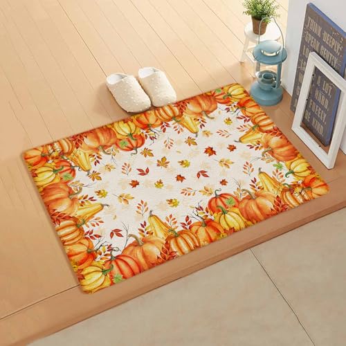 Yubilinco キッチンマット 秋 かぼちゃ 紅葉 ベージュバック 田園 マット 合皮 踏み心地いい 撥水 直接拭ける 滑り止め付 保温 キッチン 台所 リビングルーム 部屋 玄関マット お手入れ簡単 直角長方形 丈夫 45×120cm