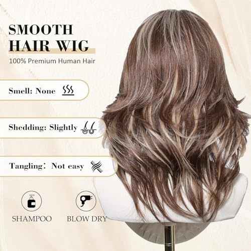 Image of Ash Blonde Wavy Wigs Human Hair for Women, Lace Front Shoulder-Length Bob, Natural-Looking, Heat-Resistant, Lightweight, Ideal for Daily Wear (Brown Mixed Blonde, 20 Inch)