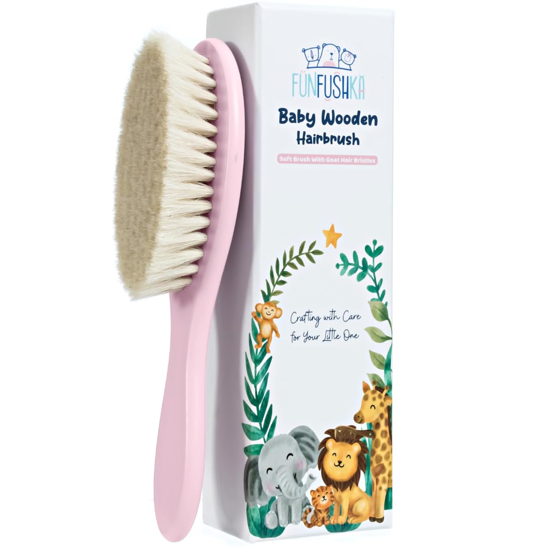 Cepillo de pelo para bebé FUNFUSHKA con cerdas suaves de cabra - Cepillo de madera para la costra láctea para recién nacidos, bebés, niños pequeños y niños - Cuidado y peinado suave del cuero cabelludo para bebés y niños (Rosa)