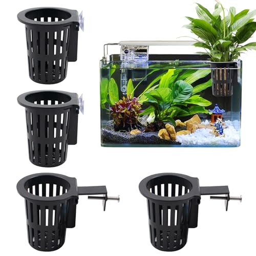 MiDube 4 PCS Aquarium Plant Holder, Black Hanging Fish Tank Planter Basket with Suction Cup and Screw for Aquaponic Plant Cultivation and Landscape Decorations, 2.68 Inch in Diameter