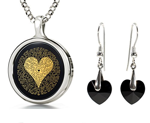 925 Sterling Silver I Love You Necklace 24k Gold Inscribed in 120 Languages on Black Onyx Gemstone Pendant and Romantic Black Crystal Heart Drop Earrings Jewelry Set for Women, 18