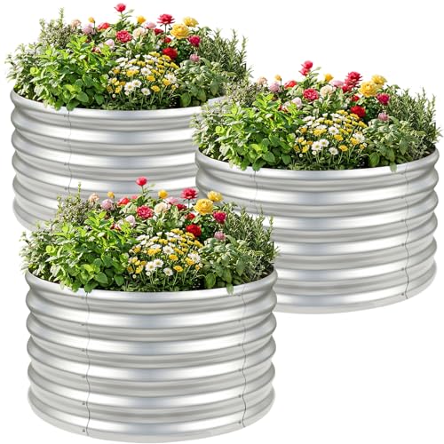 Image of AHEONLAR 3PCS 2x2x2FT Galvanized Raised Garden Bed Kit Round Metal Flower Box Large Planter Raised Beds Outdoor Garden for Planting,Fruit,Herb Silver