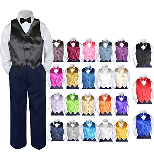 4pc Baby Toddler Boy Party Suit Tuxedo Navy Pants Shirt Vest Bow tie Set Sm-4T3