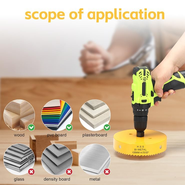 120mm Hole Saw, HSS Bi-Metal Hole Cutter with Drill Bit, Heavy Duty Hole Saw for Wood Plastic, Drywall, Fiberglass, Yellow - Image 4