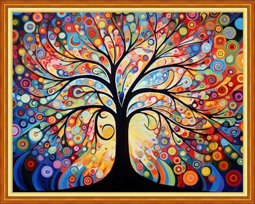 Image of Dimensean Stamped Cross Stitch Kits Full Range of Embroidery Patterns Starter Kits for Beginners Adult DIY Cross Stitches Needlepoint Kits 11CT-Colorful Starry Sky Tree 16x20 inch