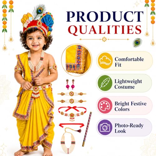 Image of Sarvda Shree Krishna Dress for Baby Boy & Radha Dress for Girls | Janamashtami Dress | Fancy Dress Costume with Accessories Dhoti, Dupatta, Mukut Flute Complete set, Ethnic wear
