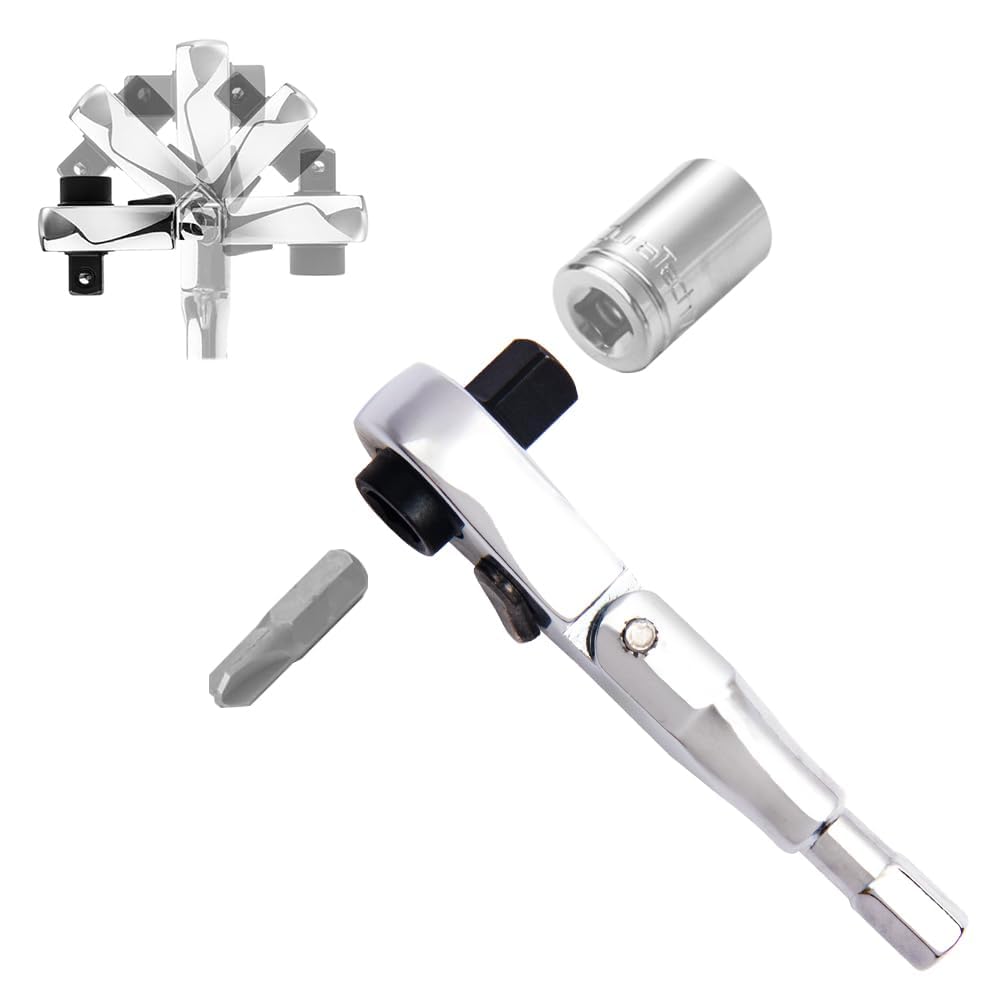 Cosmedge Mini Ratchet Wrench Bending Head, 1/4" Compact Ratchet Wrench with 72 Tooth Gearbox, 2 in 1 Mini Hex Bit Adapter for Socket and Bit Drive
