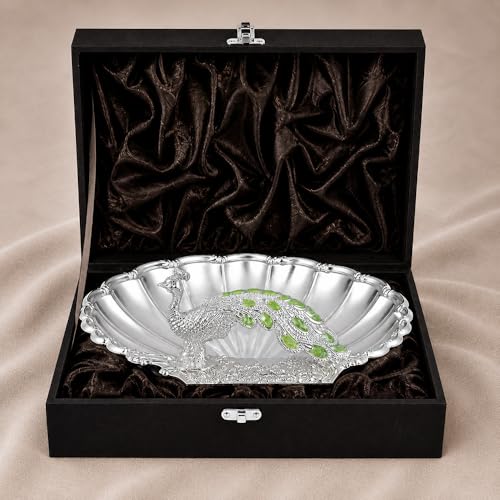 Image of Diviniti German Silver Peacock Decorative Bowl with Green Enamel Design for Home Decor | Luxury Silver Plated Dry Fruit & Sweet Serving Tray with Gift Box for Festive Dining & Gifting