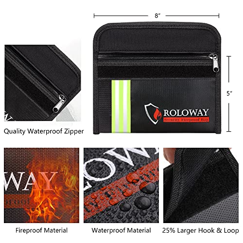 Image of ROLOWAY Small Fireproof Bag (5 x 8 inches) with Reflective Strip, Fireproof Money Bag for Cash, Valuables, Passport, Currency & Keys (2-Pack Black)