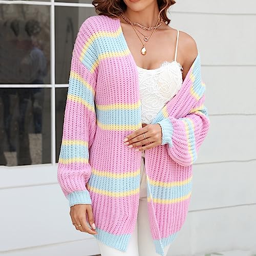 Womens Open Front Cardigan Sweaters Long Sleeve Chunky Crochet Colorblock Shrugs Jacket Casual Lightweight Comfy Coat3