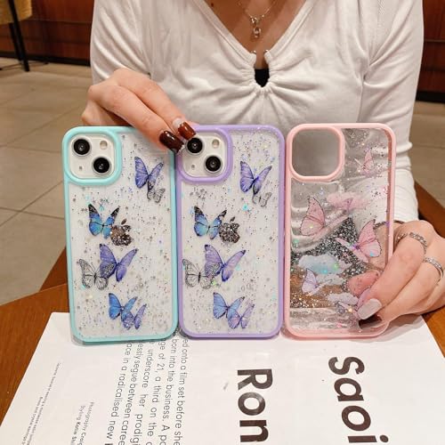 Image of VONZEE for iPhone 15 Clear Glitter Butterfly Case, Cute Bling Sparkle Shiny Soft TPU Bumper Shockproof Women Girls Slim Protective Phone Cover for iPhone 15 6.1 inch,Pink