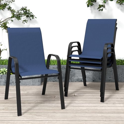Image of Patio Chairs Set of 4, Stackable Outdoor Dining Chairs for All Weather Textilene Fabric & Metal Frame, Outdoor Chairs Set for Backyard Deck Garden (Dark Blue, Set of 4)