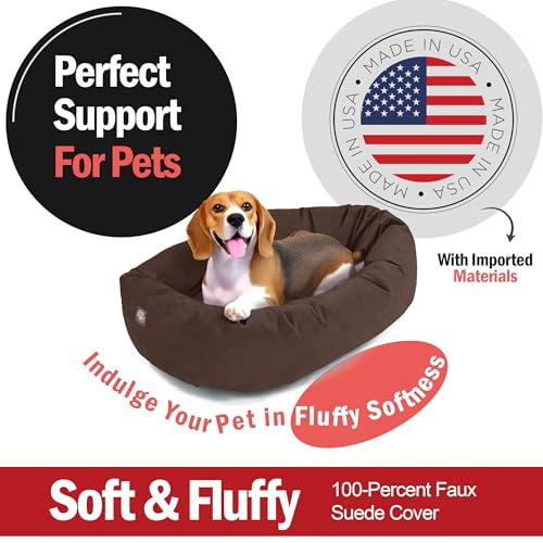 Image of Majestic Pet Suede Shredded Memory Foam Mix Calming Dog Bed Washable - Cozy Soft Round Dog Bed with Spine for Head Support - Fluffy Donut Dog Bed, 32 Inch, Chocolate