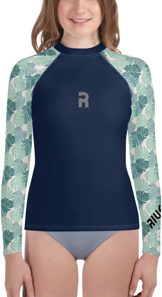 Youth Rash Guard Long Sleeve, UV Protection UPF 50+, Blue & Green Swimwear