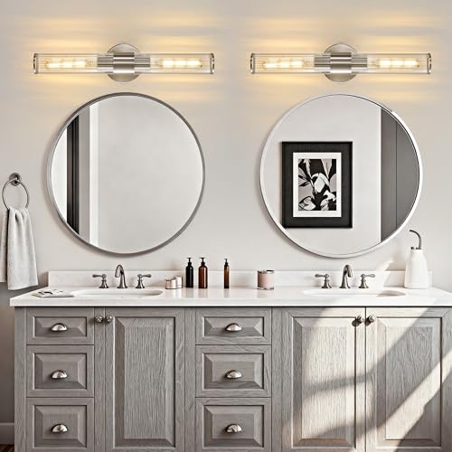 Image of Bathroom Vanity Light Fixtures, Nickel Wall Sconces in Threaded Glass, Modern Wall Light for Bathroom Living Room Bedroom, Hallway