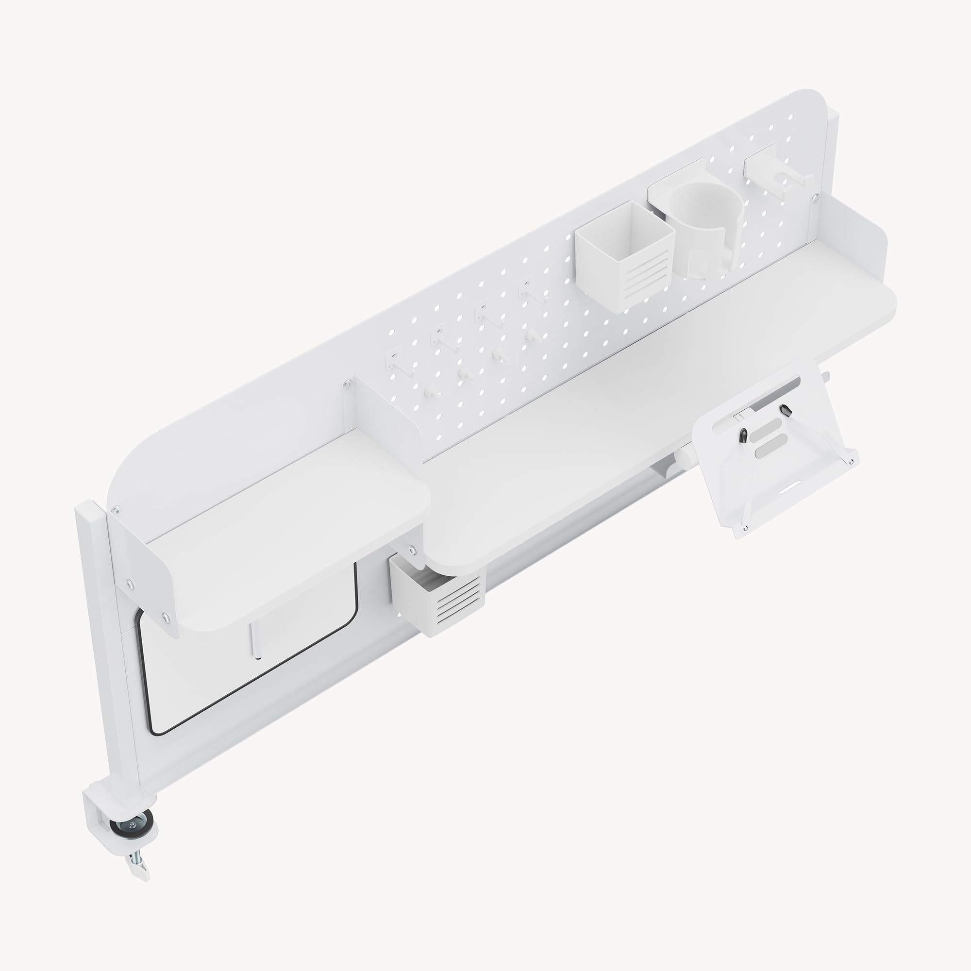 [en.casa] Organizzatore da Scrivania con Morsetti Pannello Forato Organizer Pegboard per Cameretta Studio 3 Ripiani Supporto Tablet Cuffie Porta Bicchieri Penne Lavagna Ganci 114x68 cm - Bianco