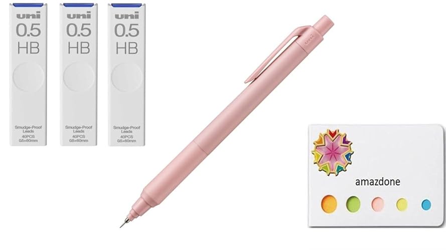 amazdone uni Kurutoga KS 0.5mm Mechanical Pencil Coral Pink (M5KS1P.66)+uni Mechanical Pencil Lead,The Uni Smudge-Proof Leads 0.5mm HB 3 Set Sticky Notes