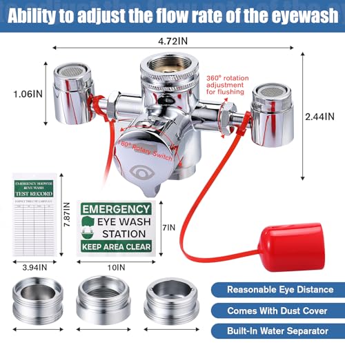 Image of TrelaCo Eye Wash Kit, Faucet Mounted Emergency Eye Wash Station with Cover Sink Attachment, 1 Continuous Flow Eyewash Station, 3 Adapters, 1 Inspection Tag, 1 Sign for Lab, Factory, Industry and Home