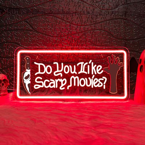 Image of WLHOPE Do You Like Scary Movies Neon Sign Red Neon Signs for Wall Decor Led Lights for Cinema Halloween Bar Club Party Teen Boy Bedroom Game Room Decor Gifts