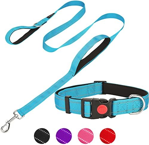 Tpotato Reflective Dog Collar And Leash Set,Adjustable Neoprene Padded Nylon Collars, 6 FT Heavy Duty Dog Leash 2 Comfortable Handles Safety Locking Buckle for Puppy Small Medium Extra Large Breed Dog