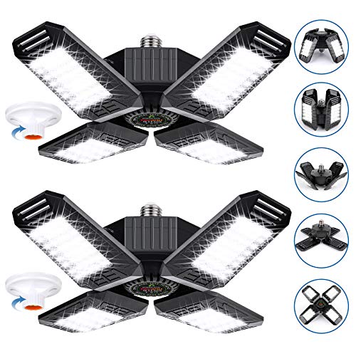 LED Garage Lights 2 Pack 100W,Yavanu 12000LM Garage Lights Ceiling LED, Deformable LED Garage Lighting Fixture with Adjustable Multi-Position 4 Panels lights for Garage, Basement, E26/E27 Base, CRI 85