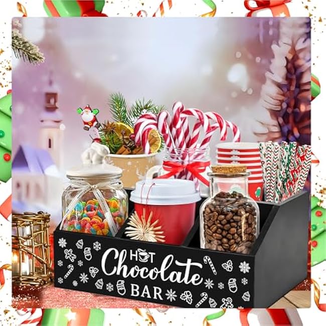 Christmas Hot Cocoa Bar Wood Coffee Station Organizer with 4 Compartment Double Layer Coffee Bar Holder Xmas Basket Organizer Bin for Home Kitchen Farmhouse Office Xmas Holiday Gift Party Supplies