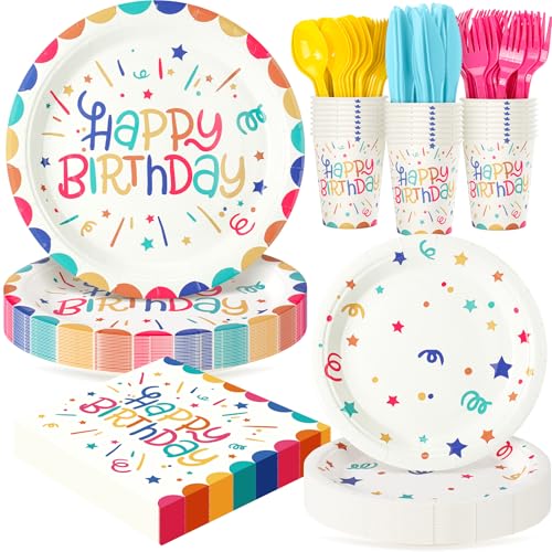 La Mejor Lista de Vajillas desechables del mes. 47 Juego de platos multicolor para fiesta de feliz cumpleaños, 168 unidades de cintas y puntos de estrellas, platos de papel, servilletas y cubiertos coloridos, juego de 24 vajilla...