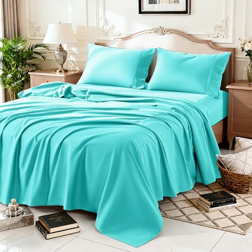 Image of 100% Egyptian Cotton Sheet Set 4 Pcs Full Size Sheets 1000 Thread Count Breathable Soft Bedding Set Fitted Sheet with 16 inch Deep Pocket (Full, Lake Green)