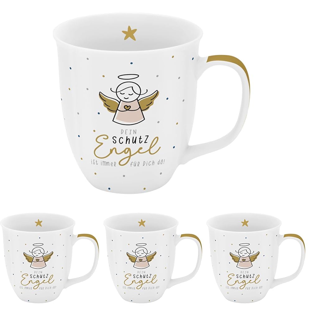 GRUSS & CO Tasse Dein Schutzengel | Sprüche-Tasse, Porzellan, Kaffetasse mit Spruch, 40 cl | Geschenk, Glücksbringer, Silvester | 74412 (Packung mit 4)