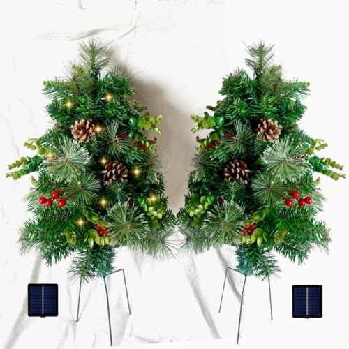 2 Pack Outdoor Solar Christmas Tree Solar Christmas Urn Filler with Timer 8 Modes Christmas Lighted Planter Bushes for Porch Pathway Yard Xams Decorations
