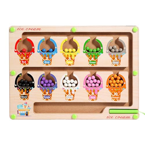 磁気迷路ボード アイスクリーム、ビーズ ゲームの色分類, アイスクリーム木製マグネット パズル ボード, 磁気カラー迷路、早期教育パズルボードゲーム、パズル色分類カウントおもちゃ、3-5歳の子供向け