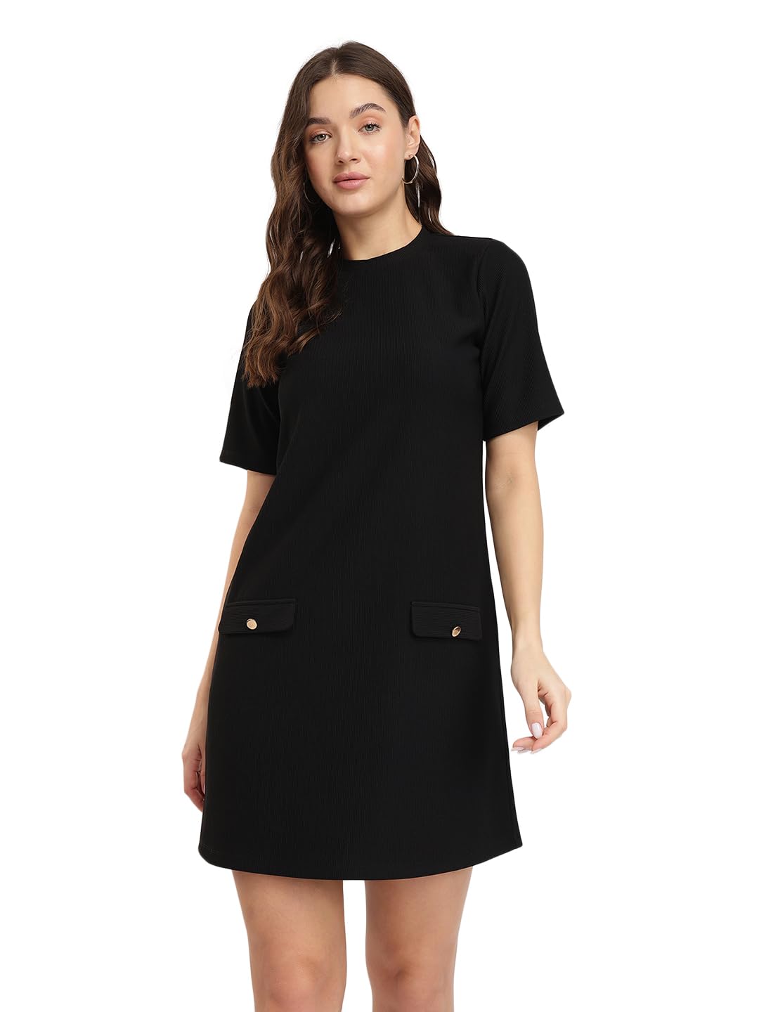 fablestreet Women Formal Dress | Round Neck Shift Fit Short Sleeve Solid Pattern | Rib Knit Fabric with Decorative Buttons & Faux Pockets for Workwear & Business Casual-picture-16