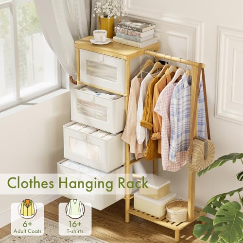 Image of Bamboo Dresser with Hanging Rack, 4-Drawer Small Closet Organizer for Bedroom, Tall Storage Tower with Clothes Rack, Natural Wood 41.4 inch H x 31.3 inch W-Space-Saving Design, Easy Assembly