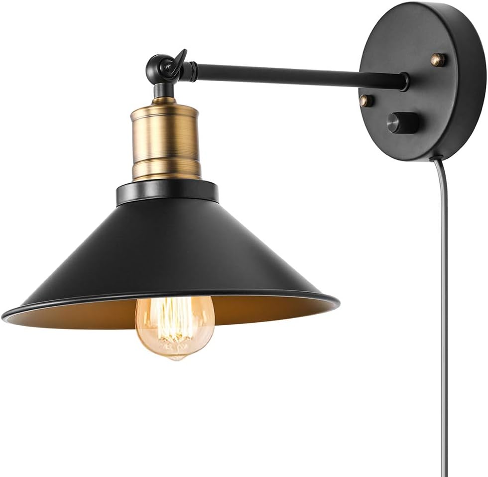 Vintage Wall Lamp Industrial, Black Hardwire Simplicity Bronze Finish Arm Swing Wall Sconces for Home Decor Headboard Bathroom Bedroom Farmhouse Porch Garage (1-Pack)