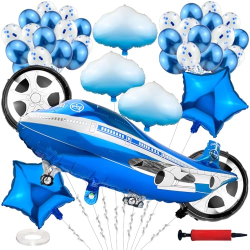 ADNEWX Lot de 38 ballons gonflables en forme d'avion, d'étoile, de nuages, bleu avec pompe à air, pour fête à thème de garçon, décoration d'anniversaire