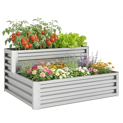 Outsunny Huerto Urbano de 2 Niveles de Acero Galvanizado, Jardinera Exterior con Diseño de Escalera y Fondo Abierto para Cultivos, Plantas, Herbaria, para Terraza, Jardín, 120x101x58 cm, Plateado