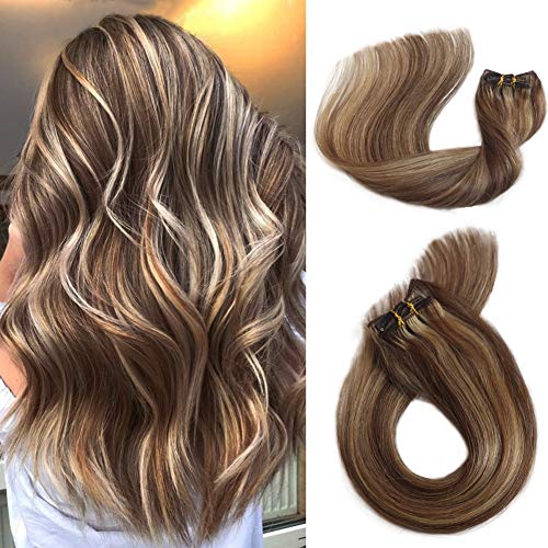Clip in Hair Extensions Brown and Blonde Highlights Real Human Hair Extensions 18 inches 70g Silky Straight Clip on Remy Balayage Hair Extension Full Head 7 Pcs