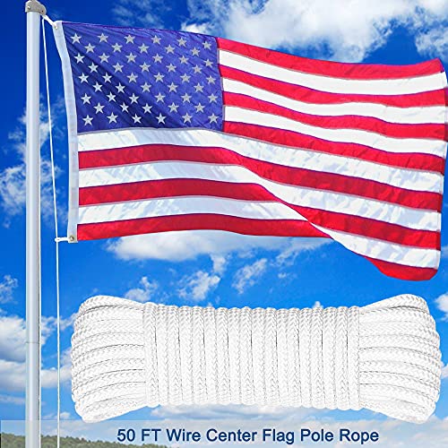 Ruson 50 Feet 5/16 Inch Wire Center Flag Pole Rope And Clips Kit, White Braided Polyester Halyard Steel Center Flag Rope With 2 Pcs 3.5" Flag Swivel Snap Hooks #TOP4