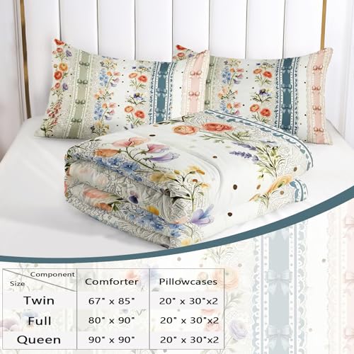 Image of AILONEN Colorful Floral Comforter Set Queen Size, Cottagecore Aesthetic Bowknot Bedding with 2 Pillowcases,3Pcs