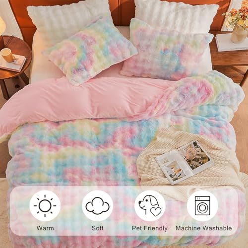 Image of EMME Faux Fur Duvet Cover Queen Size, 3 Pieces Ultra Soft Fluffy Comforter Cover, Cozy Warm for Winter, Luxury Elegant Shaggy Bubble Design Bedding, 1 Duvet Cover & 2 Pillow Shams (Queen, Rainbow)