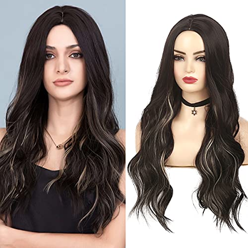 Sallcks Long Black Wavy Wigs for Women Long Curly Wavy Wig with Blonde Highlight Middle Part Cosplay Halloween Synthetic Hair Full Wig for Women (Black Blonde)