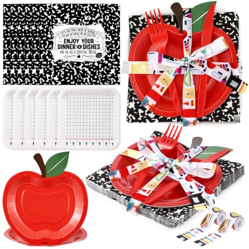Tiangrid Juego de 181 piezas de vajilla para fiesta de profesores de regreso a clases, 6 piezas, servilletas de cuaderno de composición, platos de manzana, platos de cuaderno, cubiertos, cinta, primer